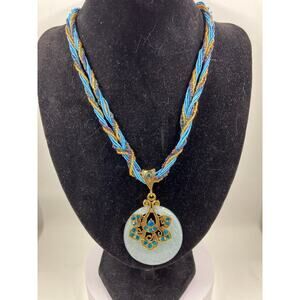 Statement NecklaceTurquoise Boho Twist Woven Beaded Rope With Rhinestone Pendant